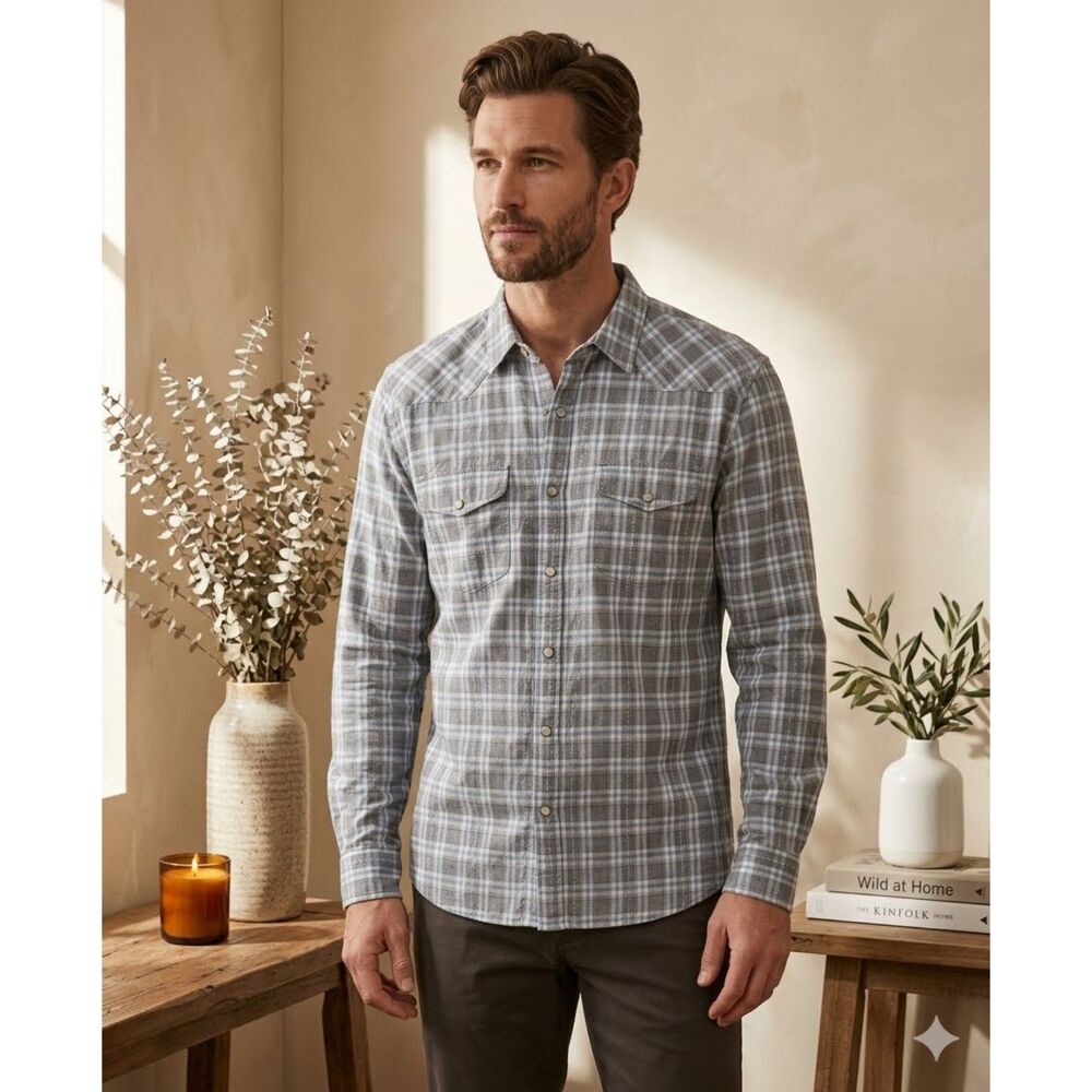 Lucky Brand Shirt Mens L Gray Plaid Pearl Snap Western 2 Pocket Cotton Classic